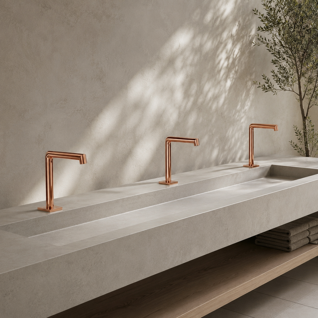 One River North Denver modern amenity restroom concept with matte black sensor faucet planning